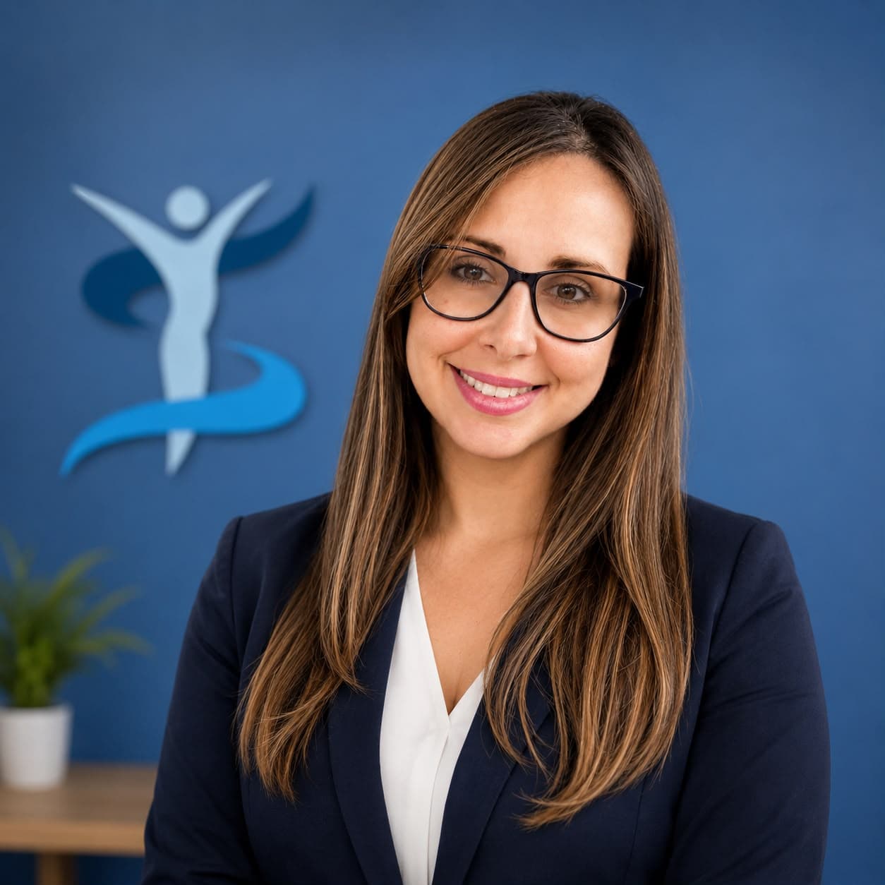 Mujer sonriente con gafas y blazer azul marino frente a una pared azul corporativa.