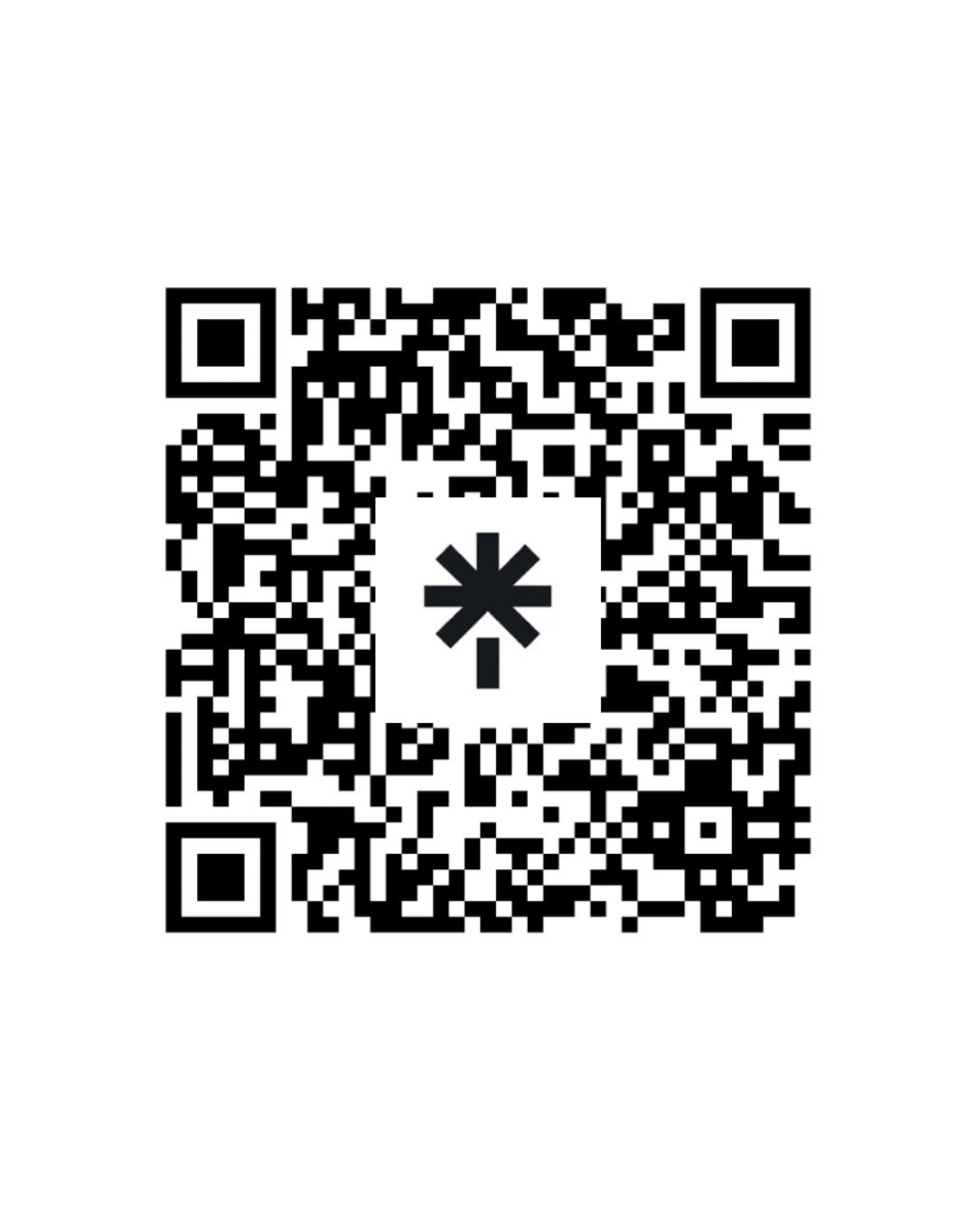 Código QR blanco y negro con un símbolo de asterisco negro en el centro.